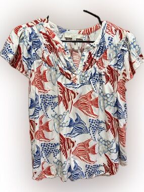 LOFT Angelfish Nautical Split Neck Short Sleeve Blouse SP